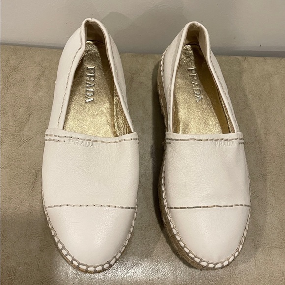 Prada White Leather Espadrille Platform Slip-Ons - Picture 2 of 9